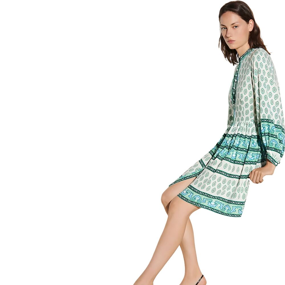 Sandro Naima Green Paisley Print Long Sleeve Button Mini Dress FR 36 US 4 Sz S